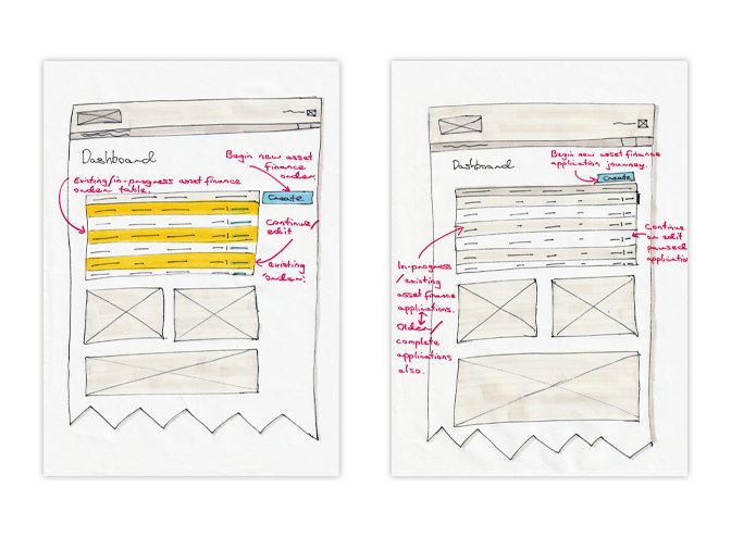 Sketches of the quote summary page showing iterations on table content and quote selection mechanisms in response to user research insights.