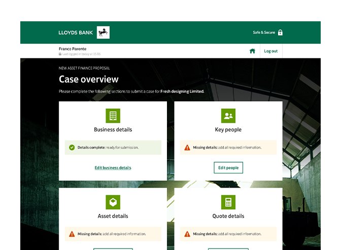 The final visual design of the dashboard page for the Asset Finance project, demonstrating the model that would be rolled out to all business banking platform application journeys.