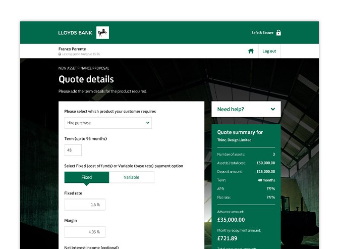 The visual design of the Asset Finance quote page, aligned with the Lloyds Banking Group design system that had recently rolled out unifying commercial, business, and retail banking.