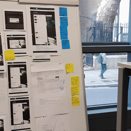 Portable whiteboards with printouts and annotations were used to show work-in-progress, and encourage business visibility and input.