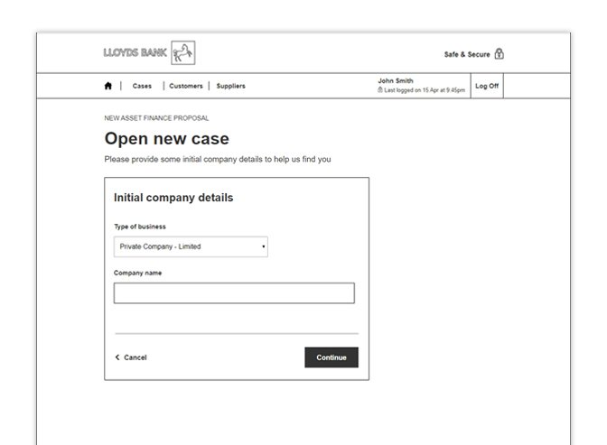 Wireframe showing the journey reduced to two key questions, with company and key person details pulled in from APIs to speed up the formerly manual process.