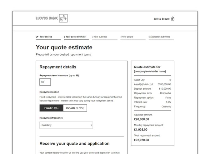 Wireframe of the customer-facing quote page, asking only for email and mobile number to allow the customer to return later via a one-time passcode.