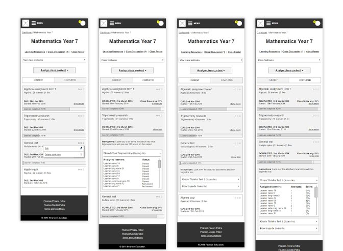 Wireframes of the teacher class page showing lessons, tasks and tests the teacher has created for their students, grouped into current and completed sets with snapshots of student progress and edit / delete controls.