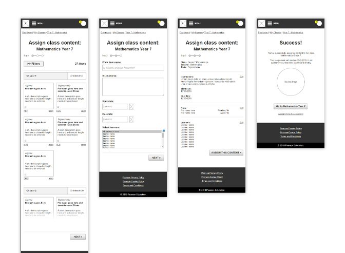 Small-screen wireframes of the teacher's 'assign class content' journey - browsing and selecting content, entering lesson details, assigning students, reviewing a summary, and confirming creation.