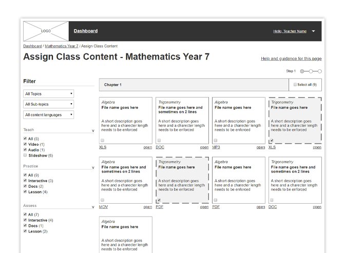 Large-screen view of the teacher's 'assign class content' page, allowing the user to filter and select content to assign to students.
