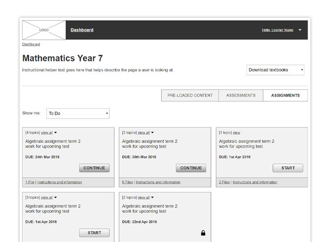 Wireframe of the student 'to do' list, showing assignments set by their teacher and upcoming work.